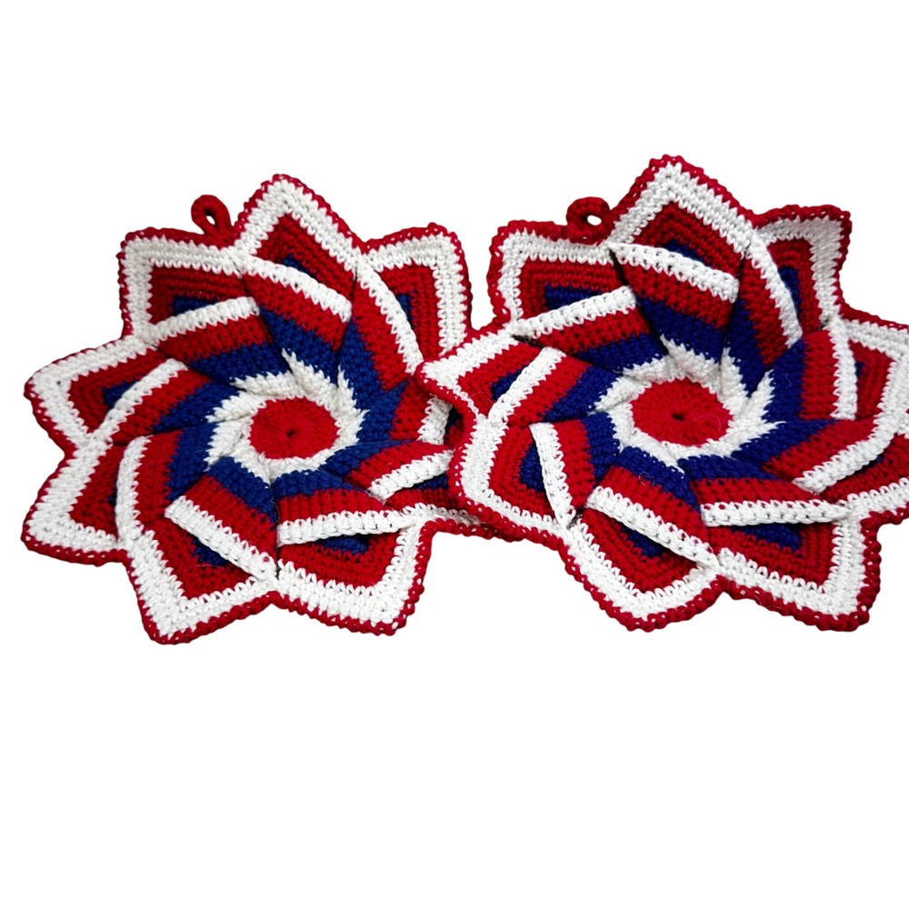 Vintage Handmade Crochet Pot Holders Set of 2 Red White Blue Spiral Star Trivets